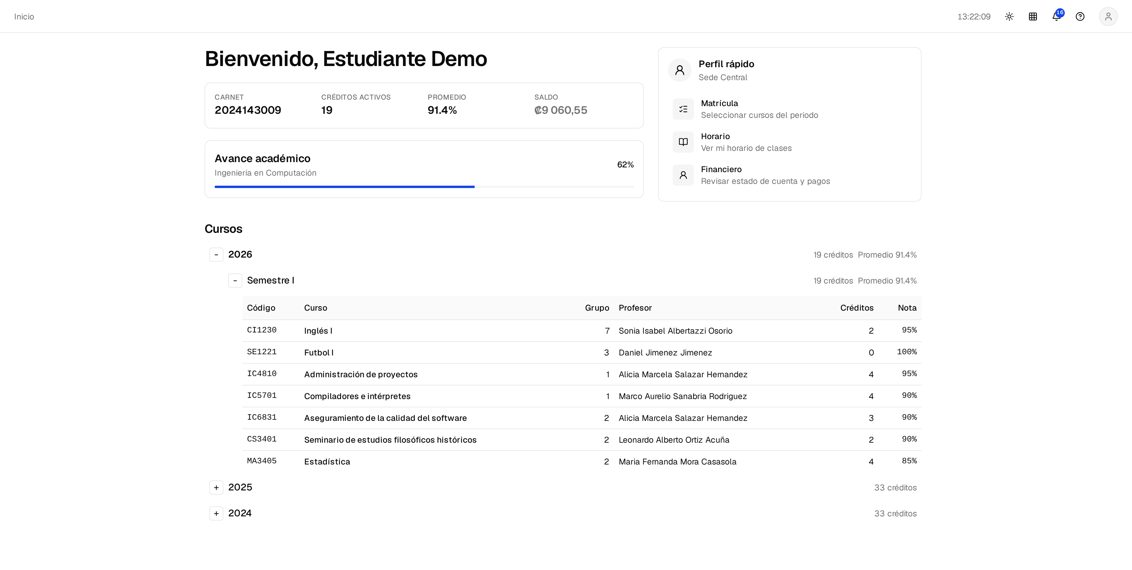 Student dashboard view in Coursia.